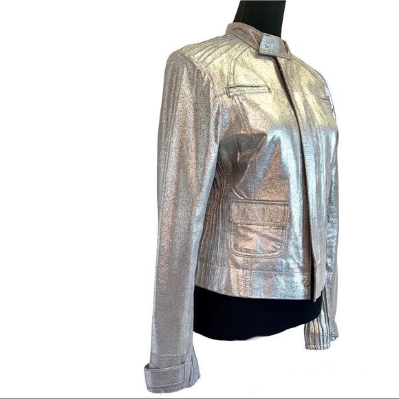Bebe metallic silver crackled Leather Moto jacket Sz M - Picture 4 of 16